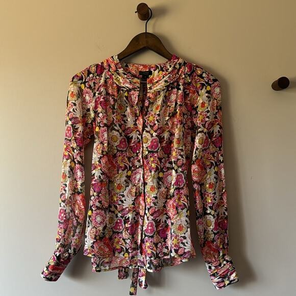 J CREW SILK SHEER FLORAL BLOUSE WITH GOLD METALLIC DETAIL SIZE 2 - Picture 2 of 10